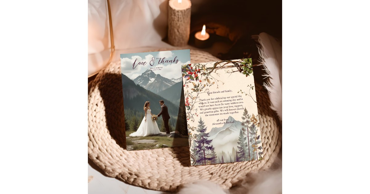 Photo Vintage Mountain Forest Evergreen Wedding Thank You Card | Zazzle
