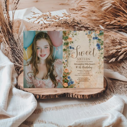 Photo Vintage Pastel Wildflower Sweet Sixteen Invitation