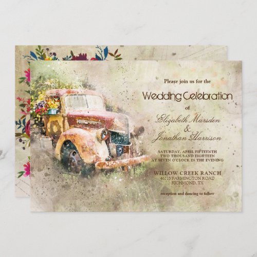 Photo Vintage Rustic Old Truck Trendy Wedding Invitation