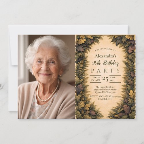 Photo Vintage Woodland Foliage Frame 90th Birthday Invitation