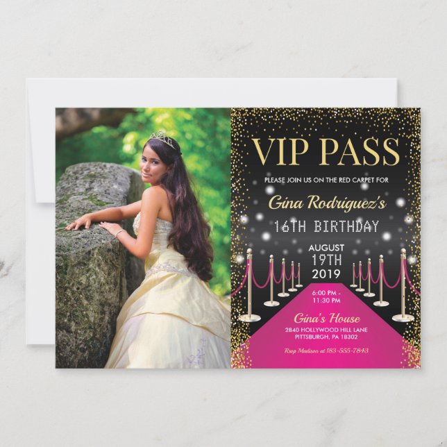 Photo VIP Pass Hollywood Pink Red Carpet Birthday Invitation (Front)