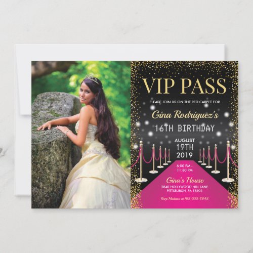 Photo VIP Pass Hollywood Pink Red Carpet Birthday Invitation