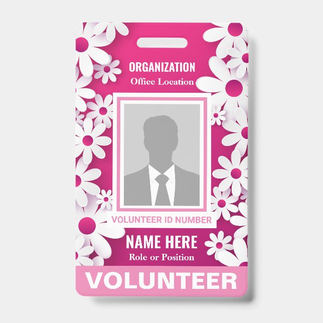 Photo Volunteer Cheerful Happy White Daisies Pink Badge (Front)
