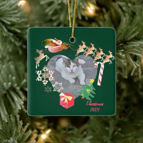 Photo wSanta Reindeer Christmas Heart   Ceramic O Ceramic Ornament