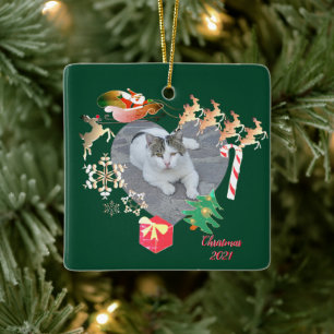 Photo w/Santa Reindeer Christmas Heart Ceramic Ornament