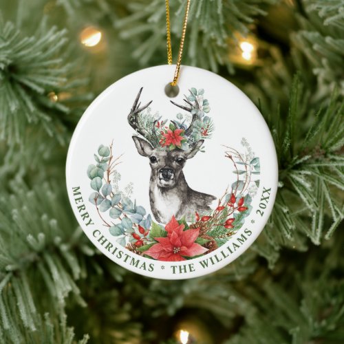 PHOTO Watercolor Christmas Deer Poinsettia Holiday Ceramic Ornament
