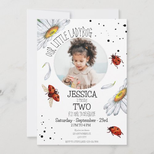 Photo Watercolor Cute Birthday Girl Ladybug Invitation