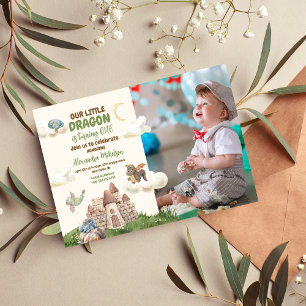 Photo Watercolor Dragon Baby 1st Birthday Invitation