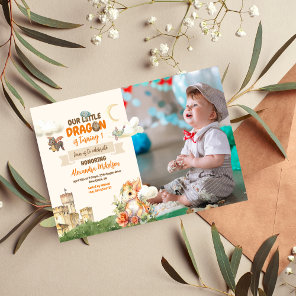 Photo Watercolor Dragon Baby 1st Birthday Invitation