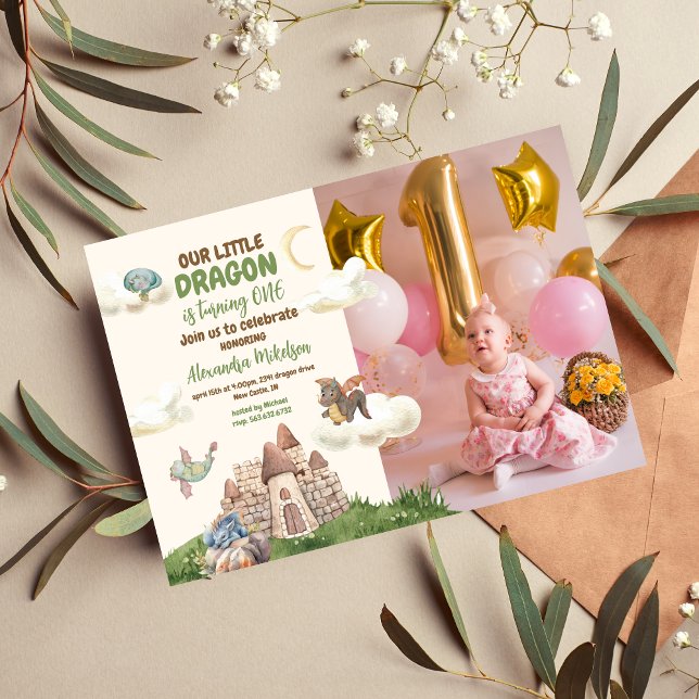 Photo Watercolor Dragon Baby 1st Birthday Invitation (Creator Uploaded)