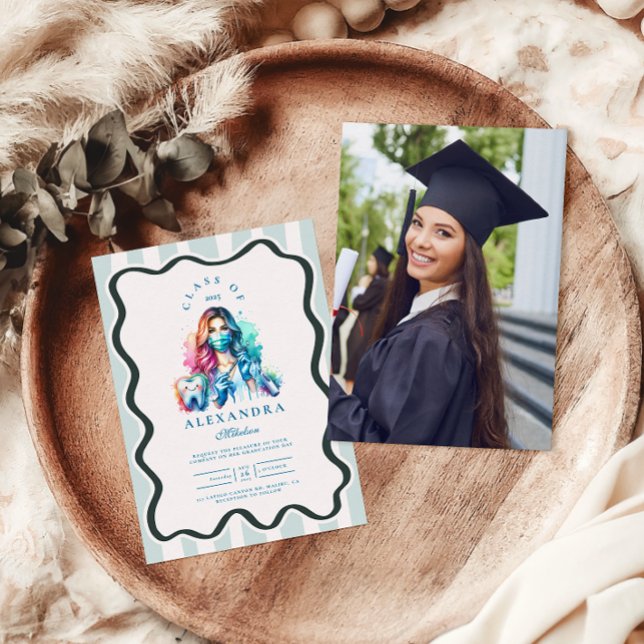 Photo Watercolor Female Dentist Graduation Invitation (Creator Uploaded)