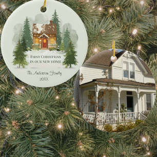 Photo Watercolor First Christmas in Our New Home Ceramic Ornament