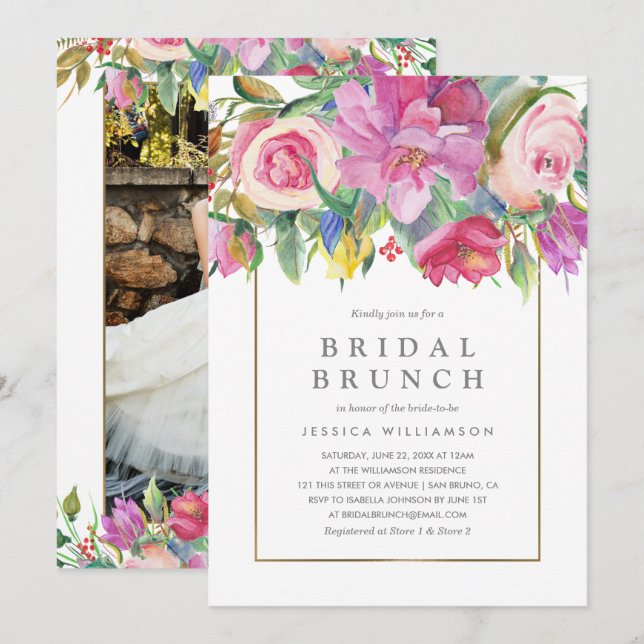 Photo Watercolor Floral Bridal Brunch Invitation (Front/Back)