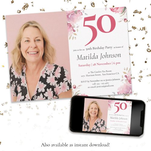 Photo Watercolor Floral Pink 50th Birthday Party Invitation