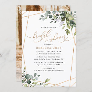 Photo Watercolor Greenery Gold Bridal Shower Invitation
