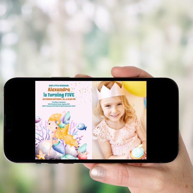 Photo  Watercolor Mermaid Birthday Party Invitation (Front Digital)