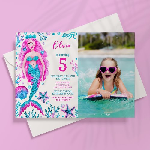 Photo Watercolor Mermaid Girl Birthday Pool Party Invitation