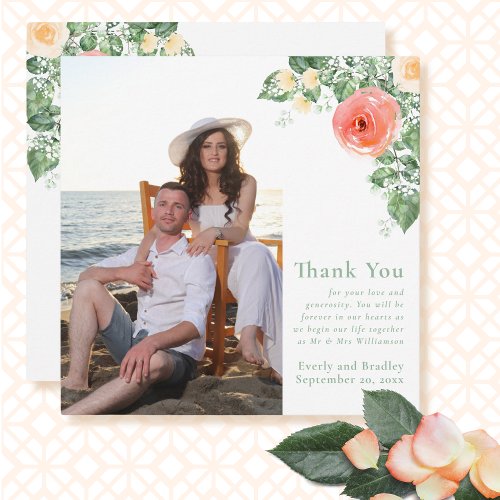 Photo Watercolor Peach Floral Thank You Card  