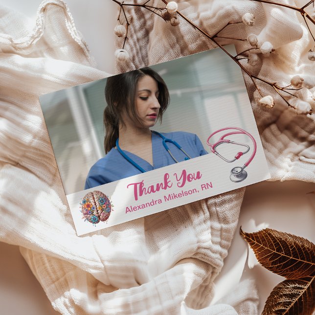 Photo Watercolor Pink Nursing School Graduate  Thank You Card (Creator Uploaded)