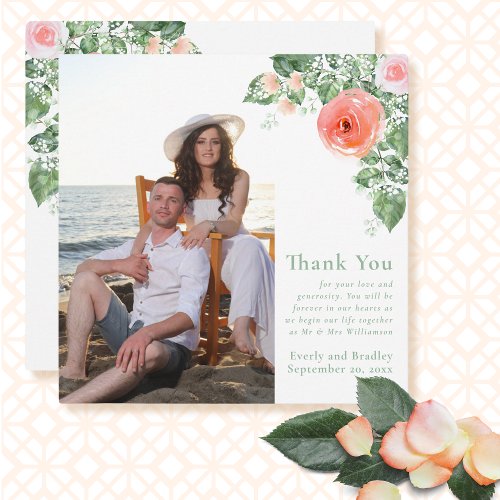 Photo Watercolor Pink Rose Floral Thank You Card  