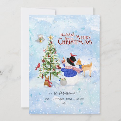 Photo Watercolor Snowman Christmas Tree Deer Bird Holiday Card