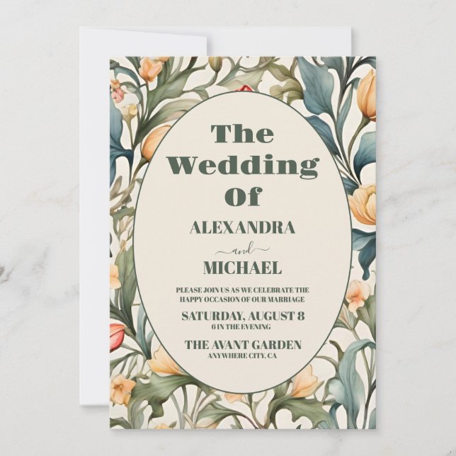 Photo Watercolor Tulips William Morris Wedding Invitation (Front)