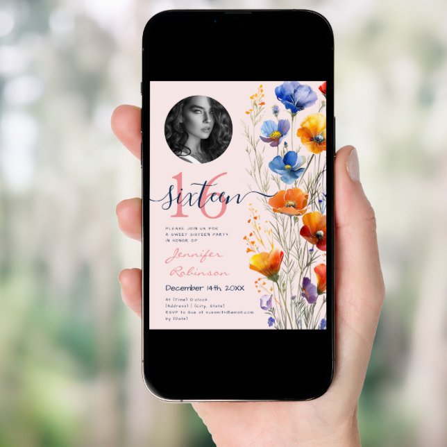 PHOTO Watercolor Wildflowers Sweet 16 Blush  Invitation (Front Digital)