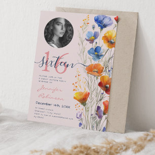 PHOTO Watercolor Wildflowers Sweet 16 Blush Invitation
