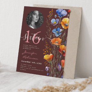 PHOTO Watercolor Wildflowers Sweet 16 Burgundy  Invitation