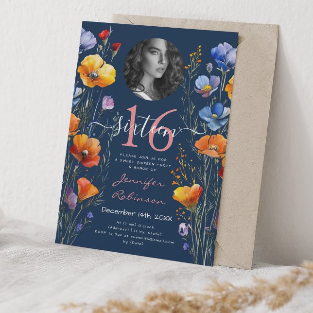 PHOTO Watercolor Wildflowers Sweet 16 Navy Blue  Invitation (PHOTO Watercolor Wildflowers Sweet 16 Navy Blue Invitation)
