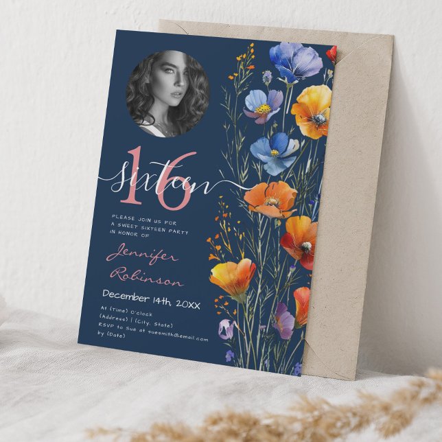 PHOTO Watercolor Wildflowers Sweet 16 Navy Blue Invitation (PHOTO Watercolor Wildflowers Sweet 16 Navy Blue Invitation)