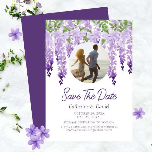 Photo Watercolor Wisteria Floral Script Wedding Save The Date