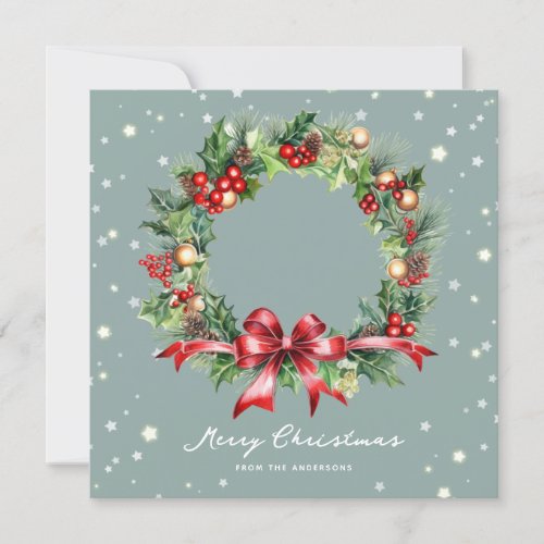 Photo Watercolor Wreath Merry Christmas Card