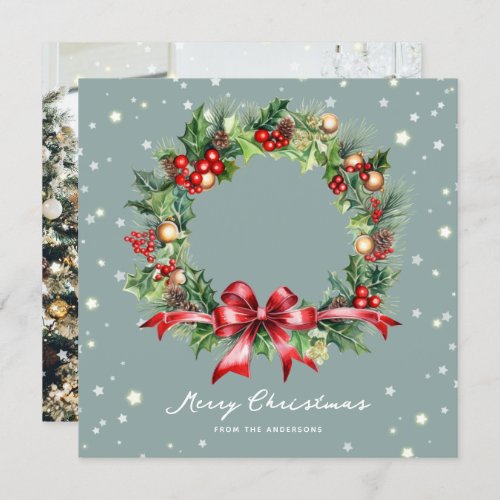 Photo Watercolor Wreath Merry Christmas Card