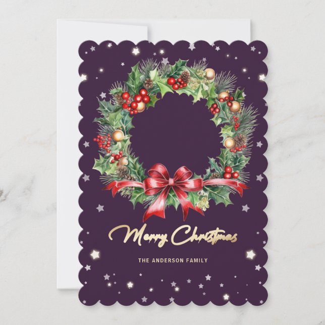 Photo Watercolor Wreath Purple Merry Christmas Holiday Card (Front)