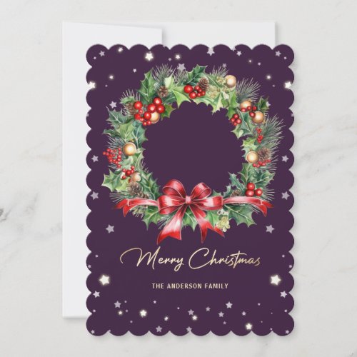 Photo Watercolor Wreath Purple Merry Christmas Holiday Card