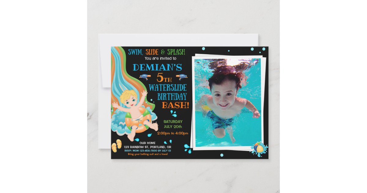 Photo Waterslide birthday invitation Pool party | Zazzle
