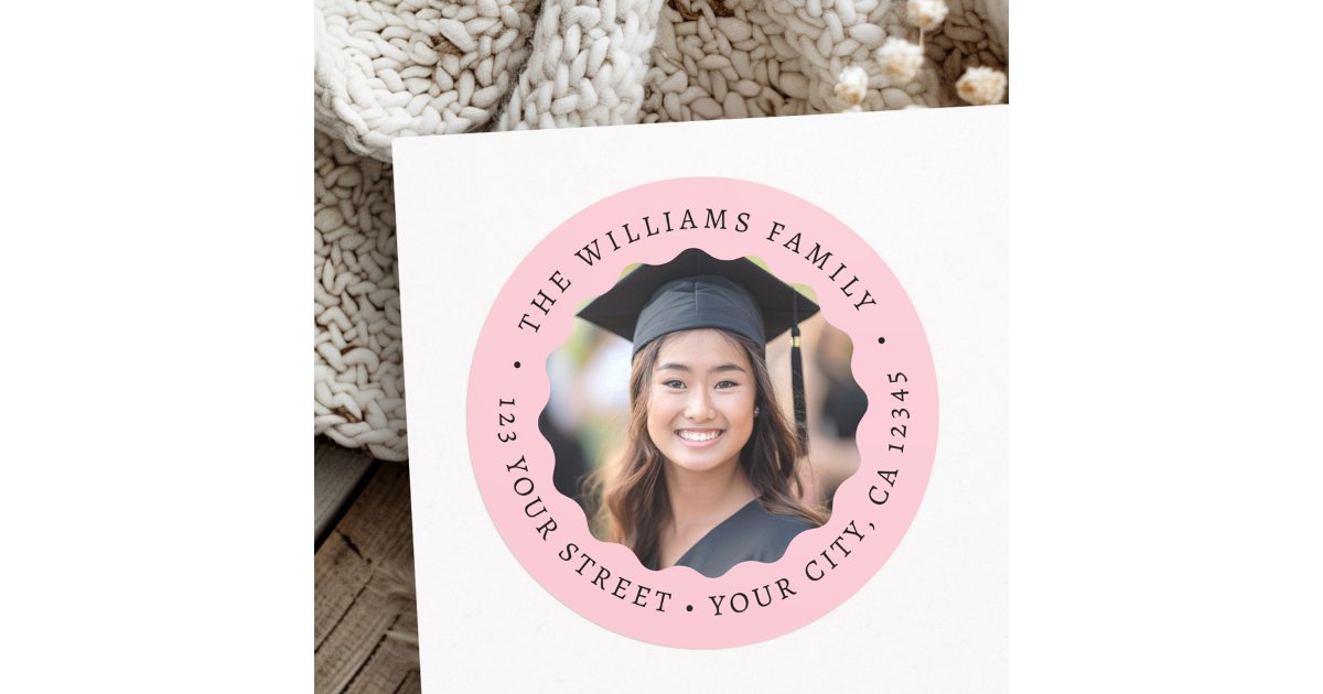 Graduation Pink Pattern Border Photo wavy pink border graduation return address classic round sticker ...