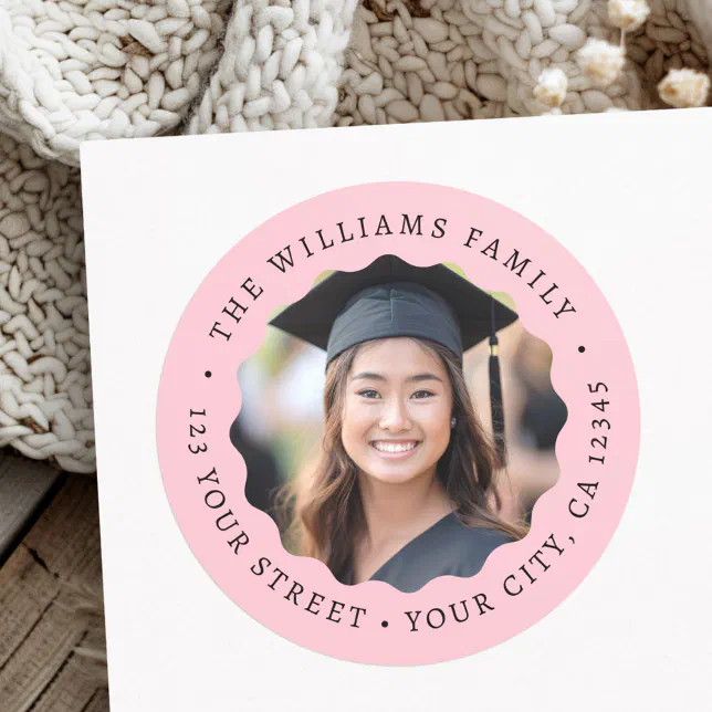 Graduation Pink Pattern Border Photo wavy pink border graduation return address classic round sticker ...