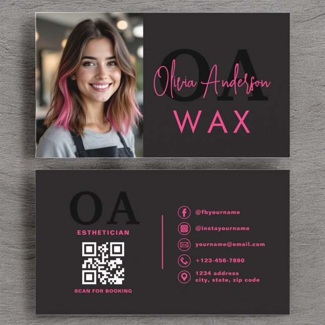 Photo Wax Esthetician QR Code Hot Pink Black Business Card (Creator Uploaded)