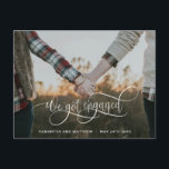 Photo, We Got Engaged White Calligraphy Engagement Announcement Postcard<br><div class="desc">Just got engaged? Congratulations! Tell family and friends your great news with this elegant and modern horizontal photo engagement announcement postcard. "We got Engaged" photo overlay in gorgeous white modern hand written calligraphy. Ability to adjust text photo overlay position on the front, to suit your image the best by selecting...</div>