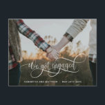 Photo, We Got Engaged White Calligraphy Engagement Announcement Postcard<br><div class="desc">Just got engaged? Congratulations! Tell family and friends your great news with this elegant and modern horizontal photo engagement announcement postcard. "We got Engaged" photo overlay in gorgeous white modern hand written calligraphy. Ability to adjust text photo overlay position on the front, to suit your image the best by selecting...</div>
