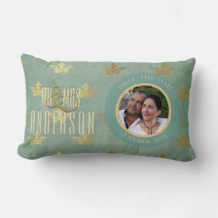 PHOTO Wedding Anniversary ANY Aqua Teal Gold Crown Lumbar Pillow