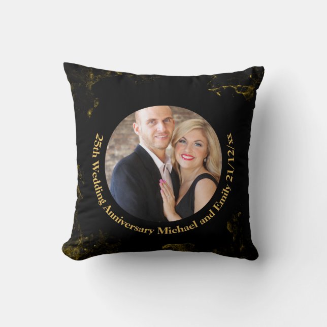 PHOTO Wedding Anniversary Black Gold Marble Pillow (Front)