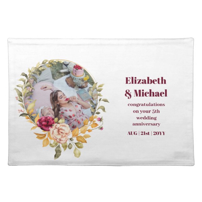 Photo Wedding Anniversary Gift Any Milestone Flora Cloth Placemat (Front)