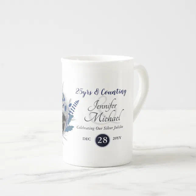 Photo Wedding Anniversary Gift Blue Wreath Modern Bone China Mug | Zazzle