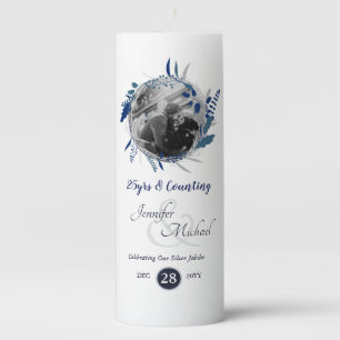 Photo Wedding Anniversary Gift Blue Wreath Modern Pillar Candle