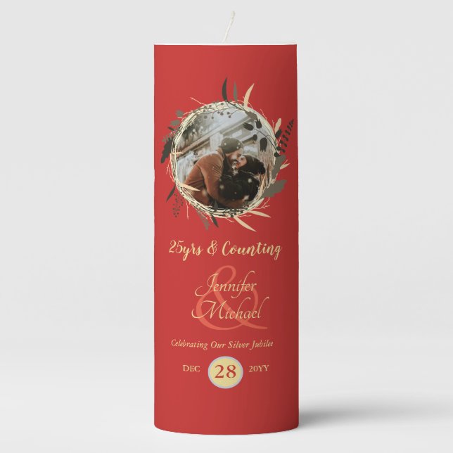 Photo Wedding Anniversary Gift Red Gold Modern Pillar Candle (Front)