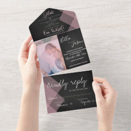 Photo Wedding | Chalkboard Faux Vellum Monogram  All In One Invitation