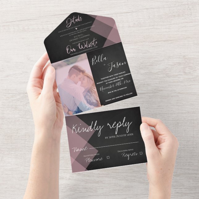 Photo Wedding | Chalkboard Faux Vellum Monogram  All In One Invitation (Tearaway)